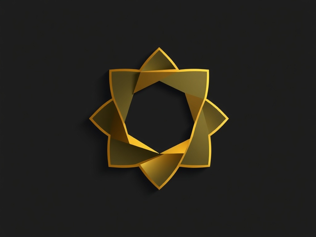 A stylized geometric icon of overlapping polygons, metallic gold finish on dark grey background, sleek and modern, minimal reflections, 8K, commercial vector-like rendering.