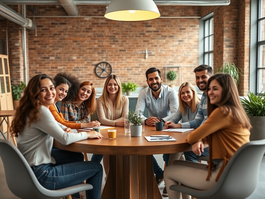 Diverse team collaborating around a round wooden table in a modern open-plan office with exposed brick wall, casual yet focused atmosphere, smiling faces, natural lighting, photorealistic, 8K, commercial photography.